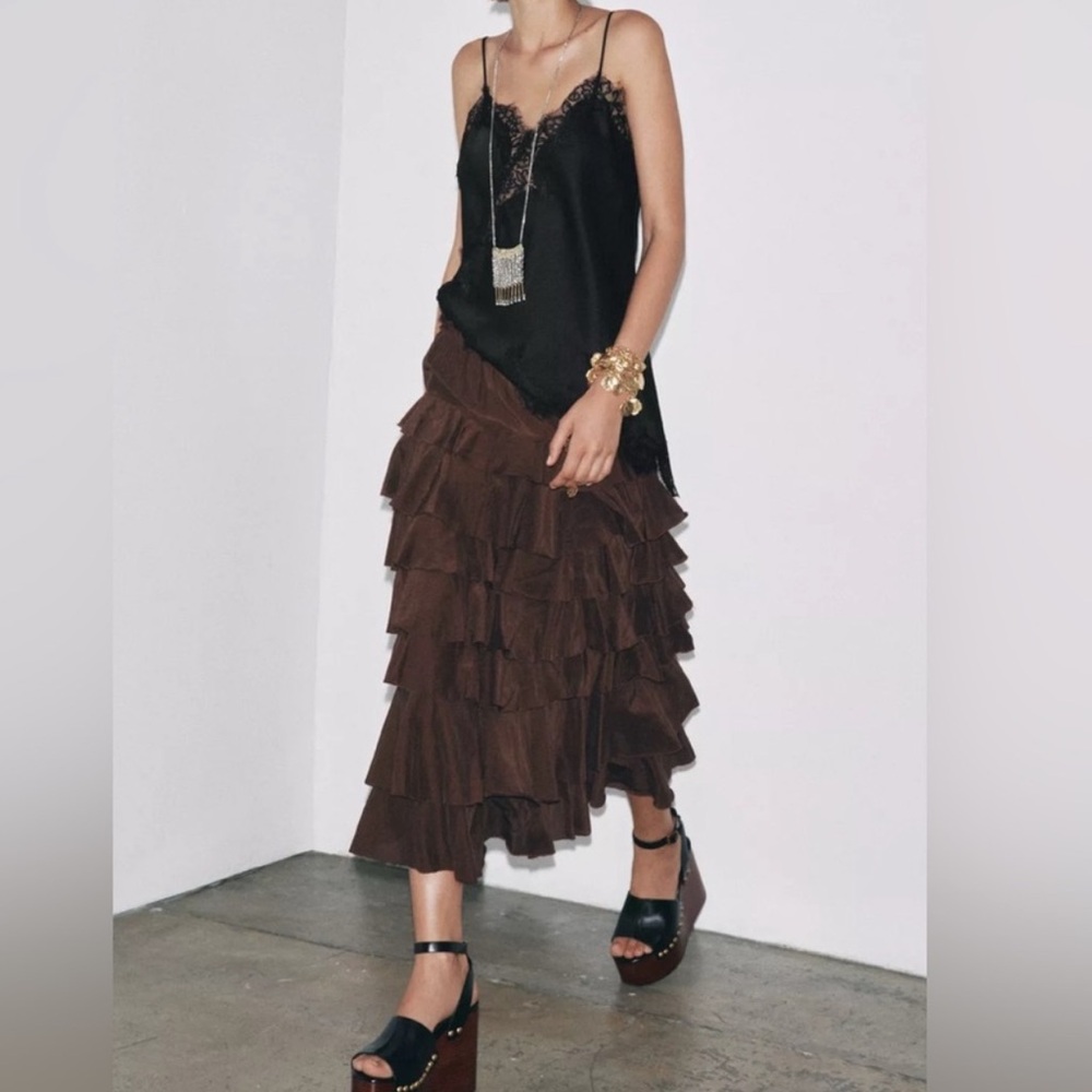 Zara ZW Collection Brown Tiered Midi Skirt